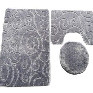 Scroll Oversize 3PC Bathroom Set Contour ,Mat ,Toilet Lid Cover Gray